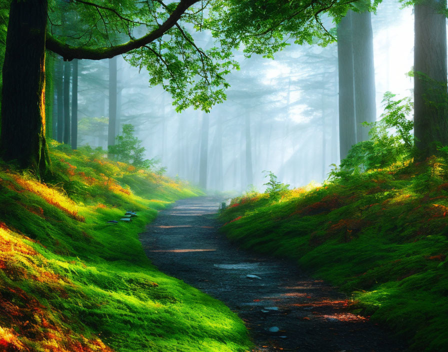 Tranquil forest path with sunlight, mist, tall trees, green moss.