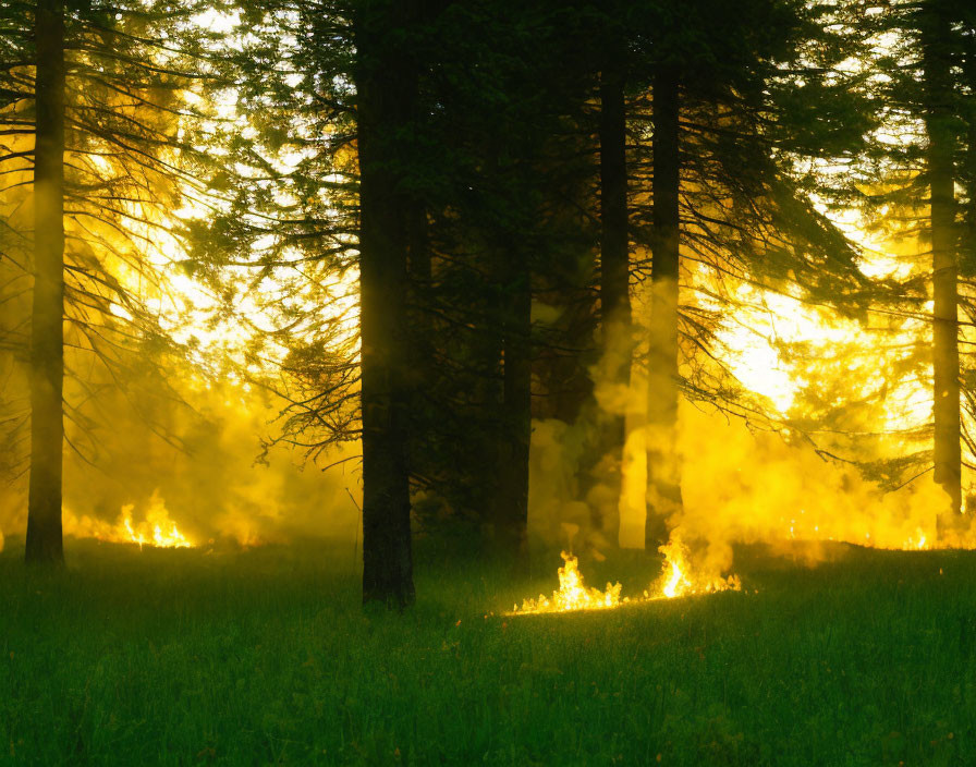 Misty forest with sunlight filtering through, illuminating trees in golden hue