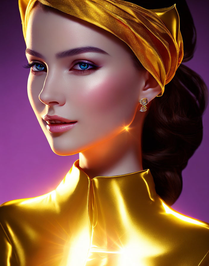 Woman portrait with golden headscarf and blouse on purple background.