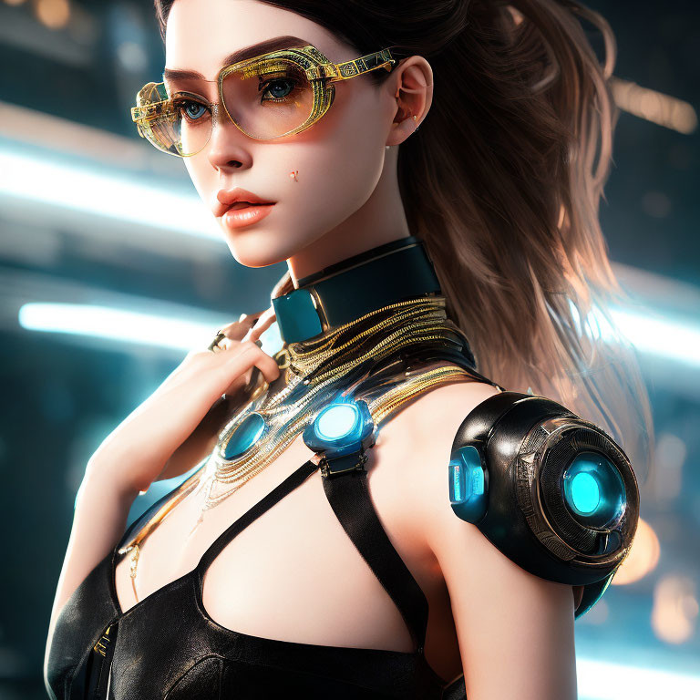 Futuristic digital artwork of woman with cybernetic elements