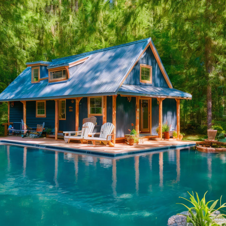 Blue Cottage with Deck, Pool, and Greenery View