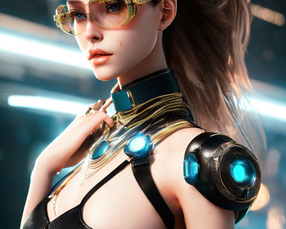 Futuristic digital artwork of woman with cybernetic elements