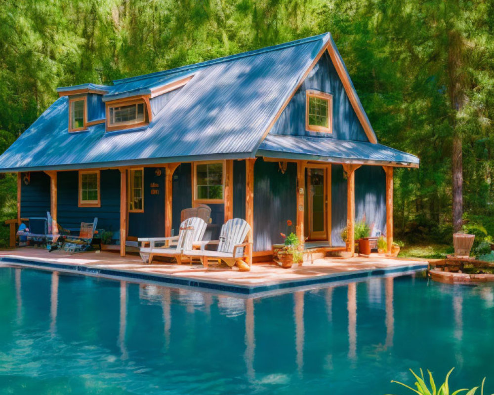 Blue Cottage with Deck, Pool, and Greenery View