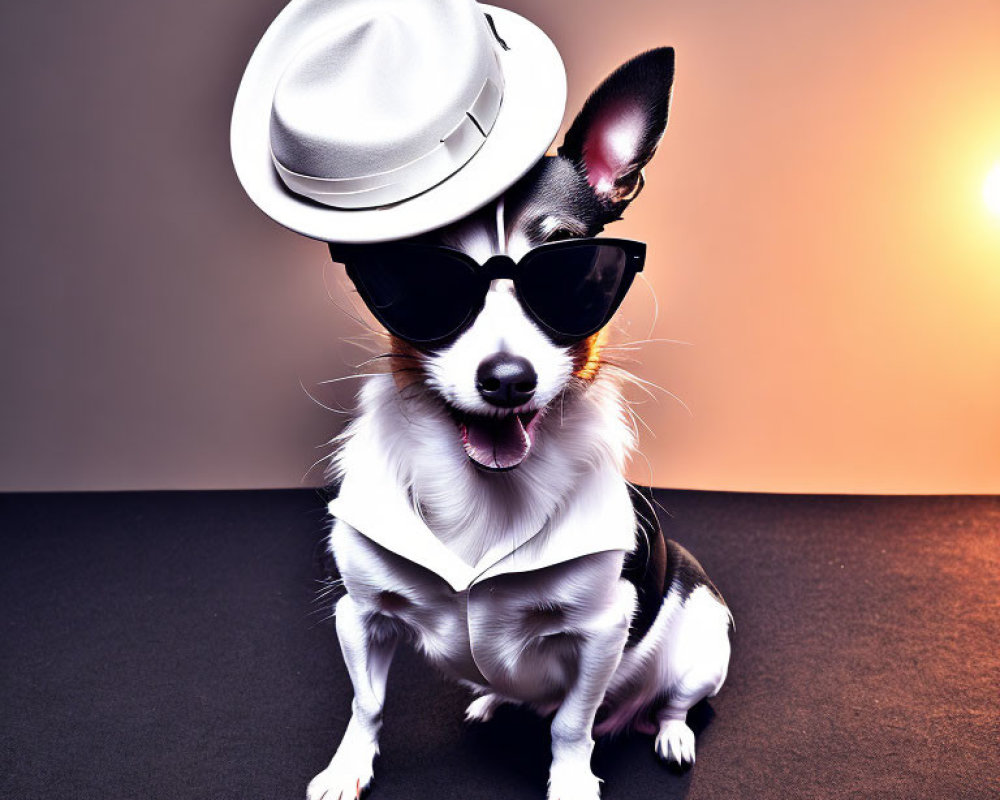 Stylish Dog in White Fedora and Sunglasses on Warm Background