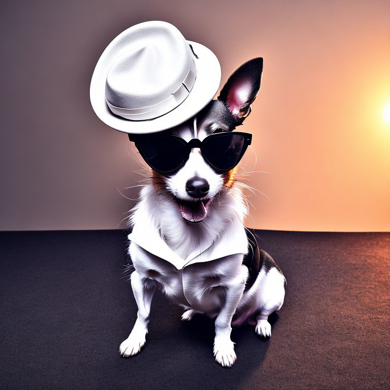 Stylish Dog in White Fedora and Sunglasses on Warm Background