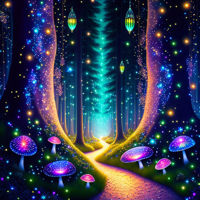 Enchanting fantasy forest with glowing elements at night