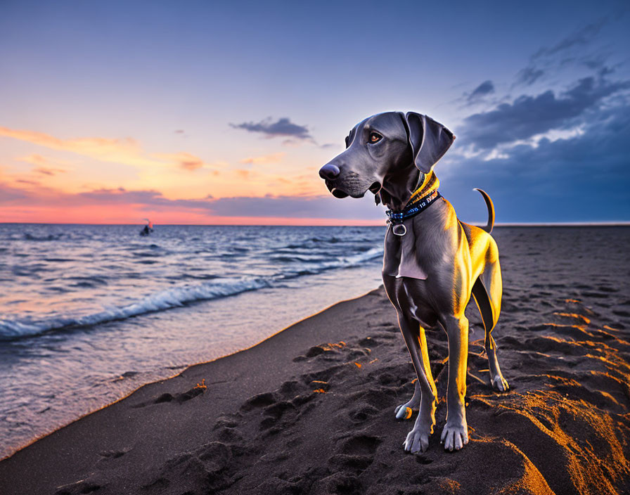 Weimaraner Dog on Sandy Beach at Sunset with Boat and Purple Sky