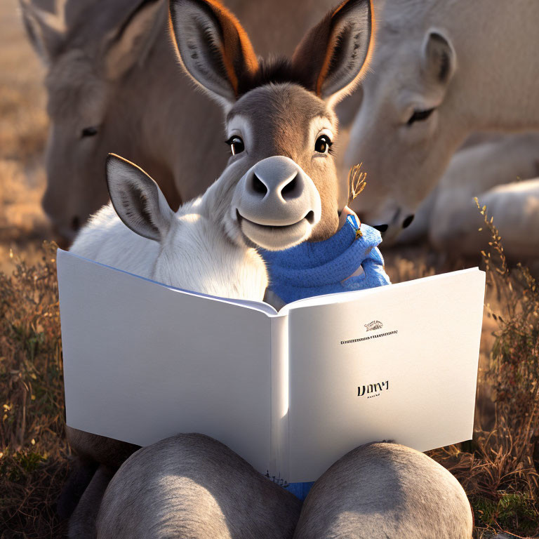 Three donkeys in outdoor scene: one reading, two resting