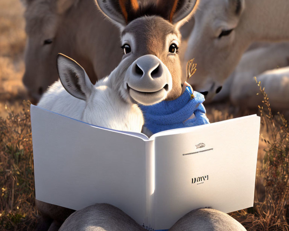 Three donkeys in outdoor scene: one reading, two resting