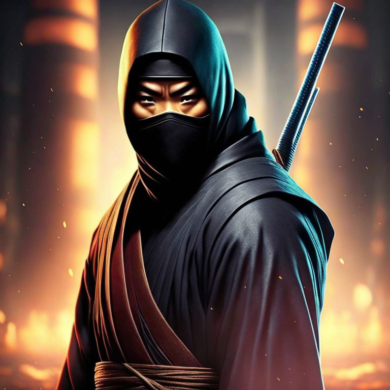 Menacing ninja with sword against fiery backdrop.