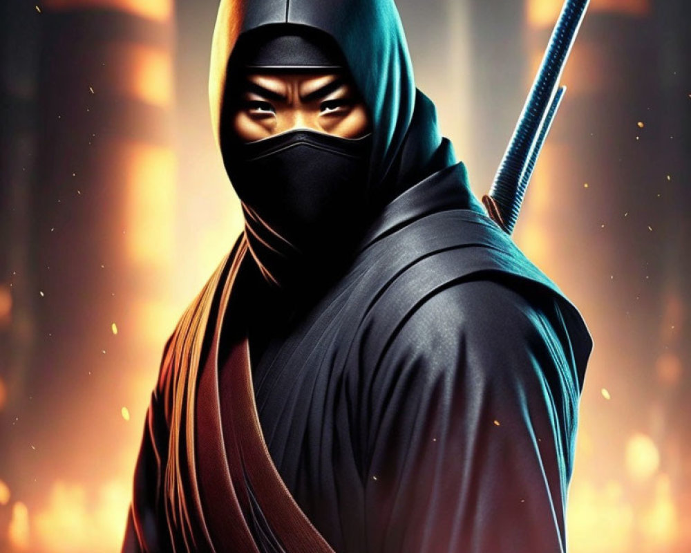 Menacing ninja with sword against fiery backdrop.