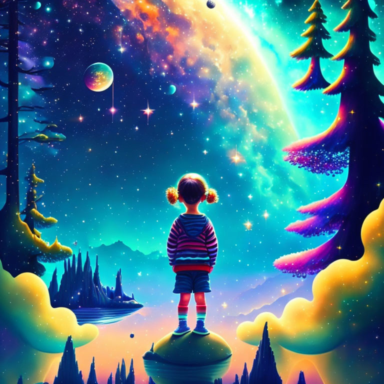 Child in Striped Clothing on Small Planet Observing Colorful Cosmic Landscape