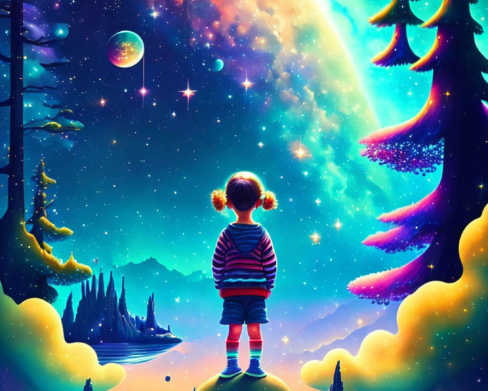 Child in Striped Clothing on Small Planet Observing Colorful Cosmic Landscape