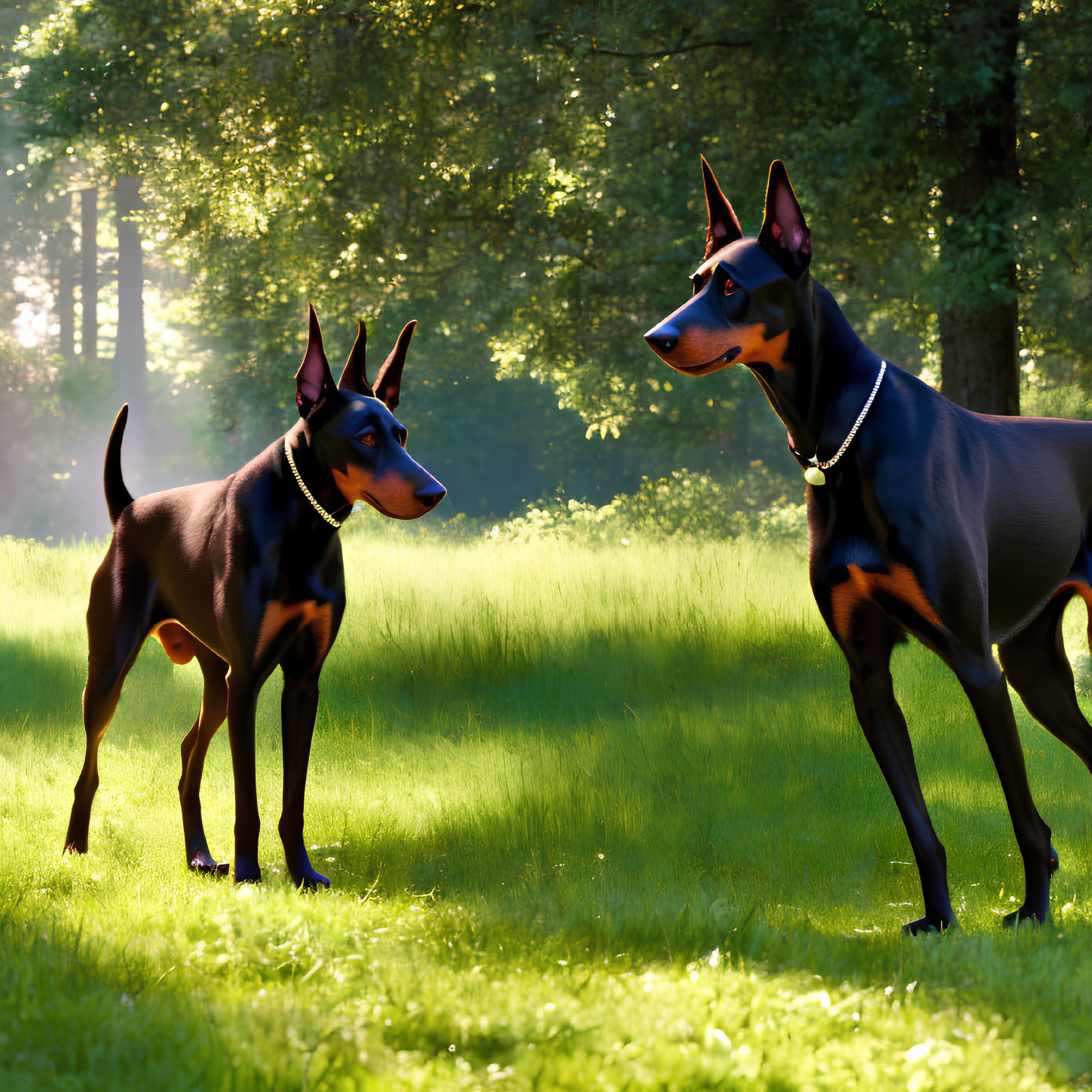 Two Doberman Pinschers in grass under sunlight and trees.