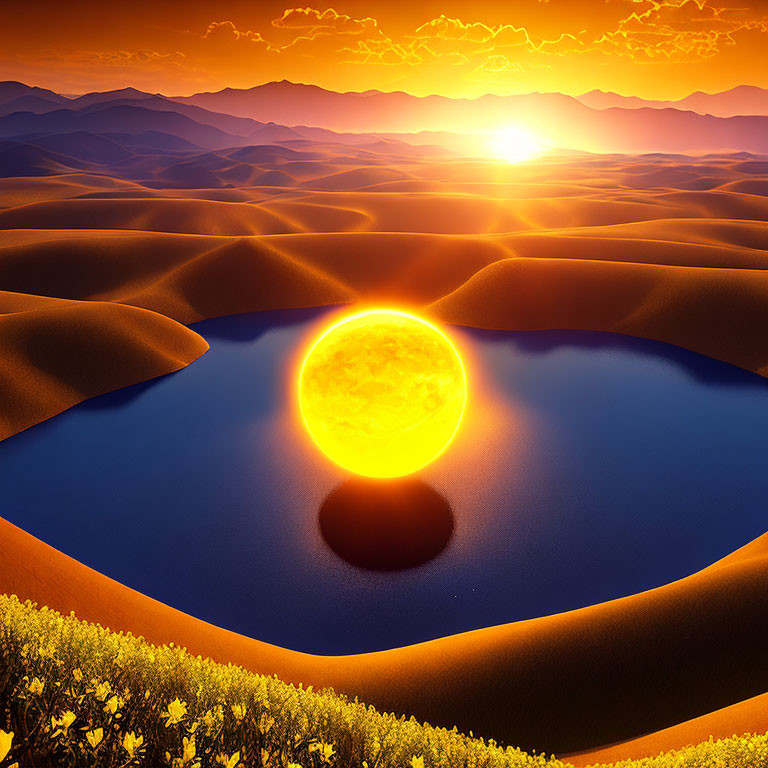 Surreal landscape: golden sand dunes, blue oasis, radiant sun