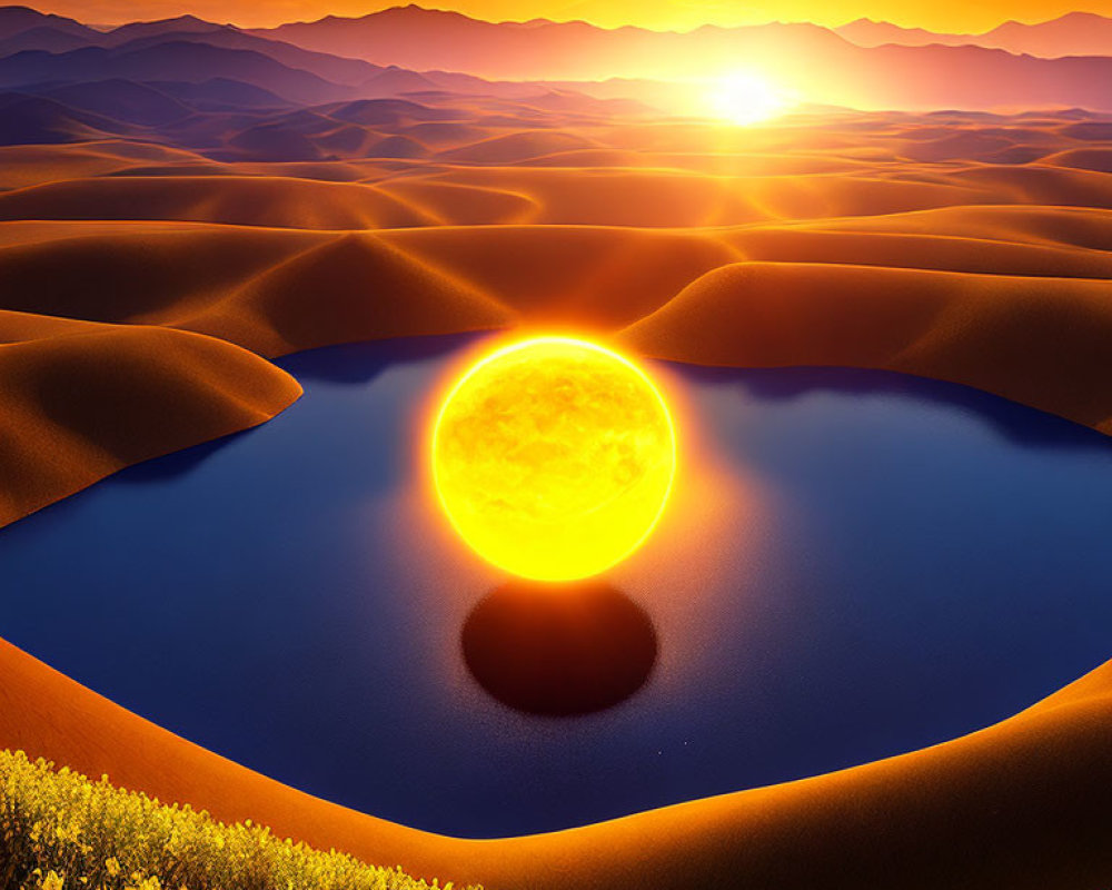 Surreal landscape: golden sand dunes, blue oasis, radiant sun