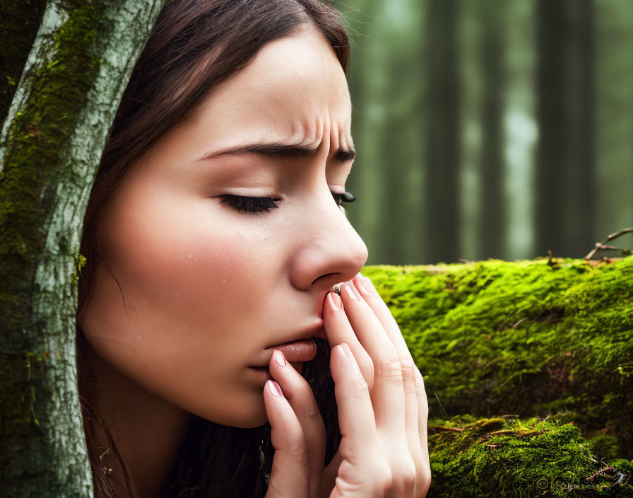 Woman with long brown hair in thoughtful pose by moss-covered tree