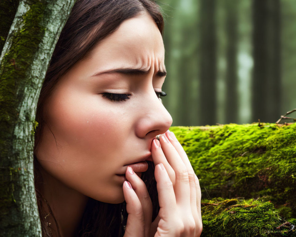 Woman with long brown hair in thoughtful pose by moss-covered tree