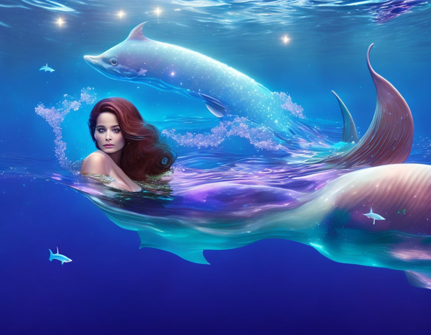 Woman with flowing hair merges with fantastical fish tail underwater among fish and marine life