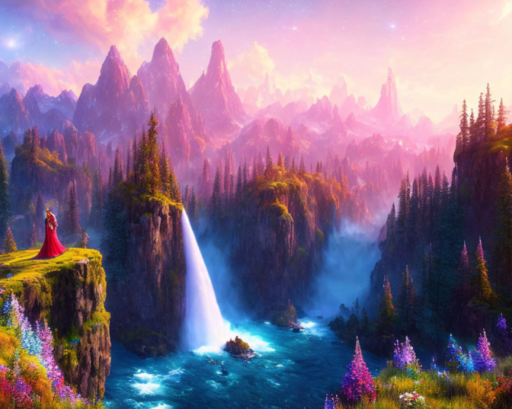 Fantasy landscape with mountains, greenery, waterfalls, river, and solitary figure in red cloak