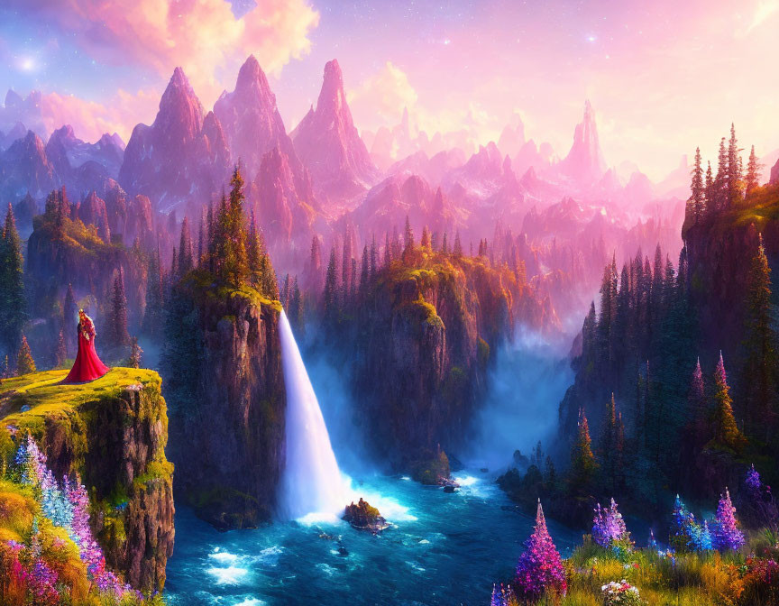 Fantasy landscape with mountains, greenery, waterfalls, river, and solitary figure in red cloak