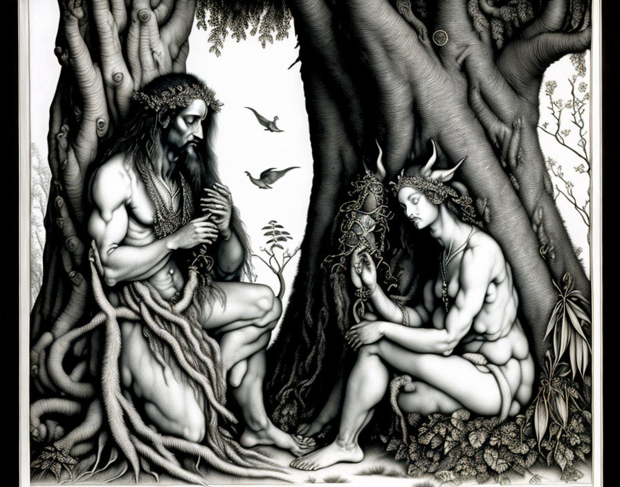 Monochrome illustration of bearded man playing flute near tree with nude female figure, birds & nature