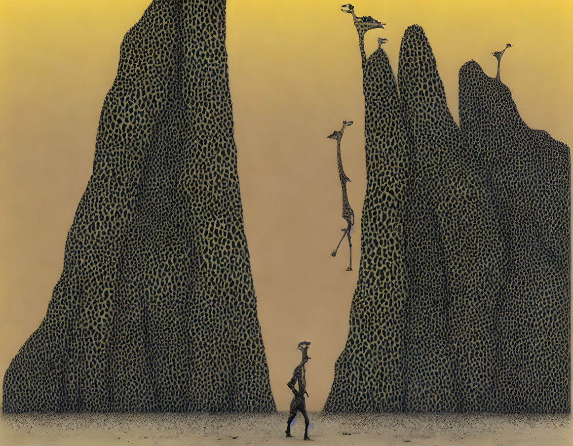 Surreal Artwork: Human Figures with Leopard-Print Necks in Desert Setting