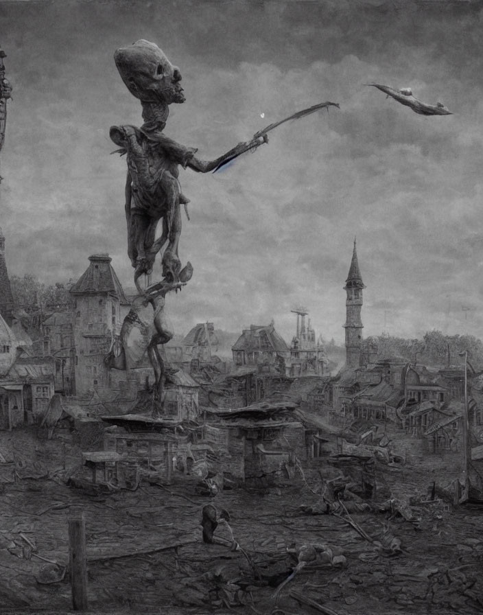 Monochromatic artwork of skeletal giant in ruined cityscape