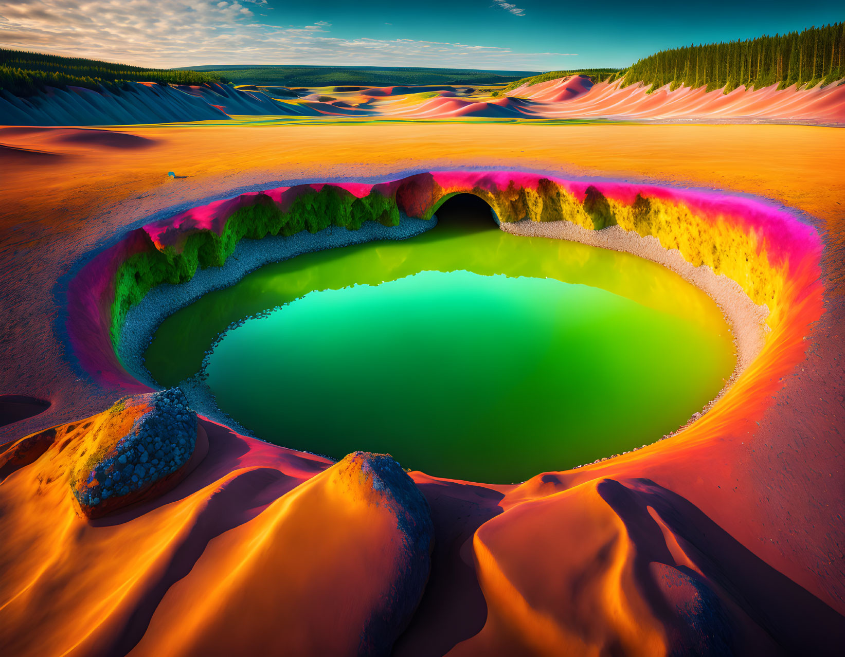 Colorful desert landscape with multicolored dunes and green sinkhole.