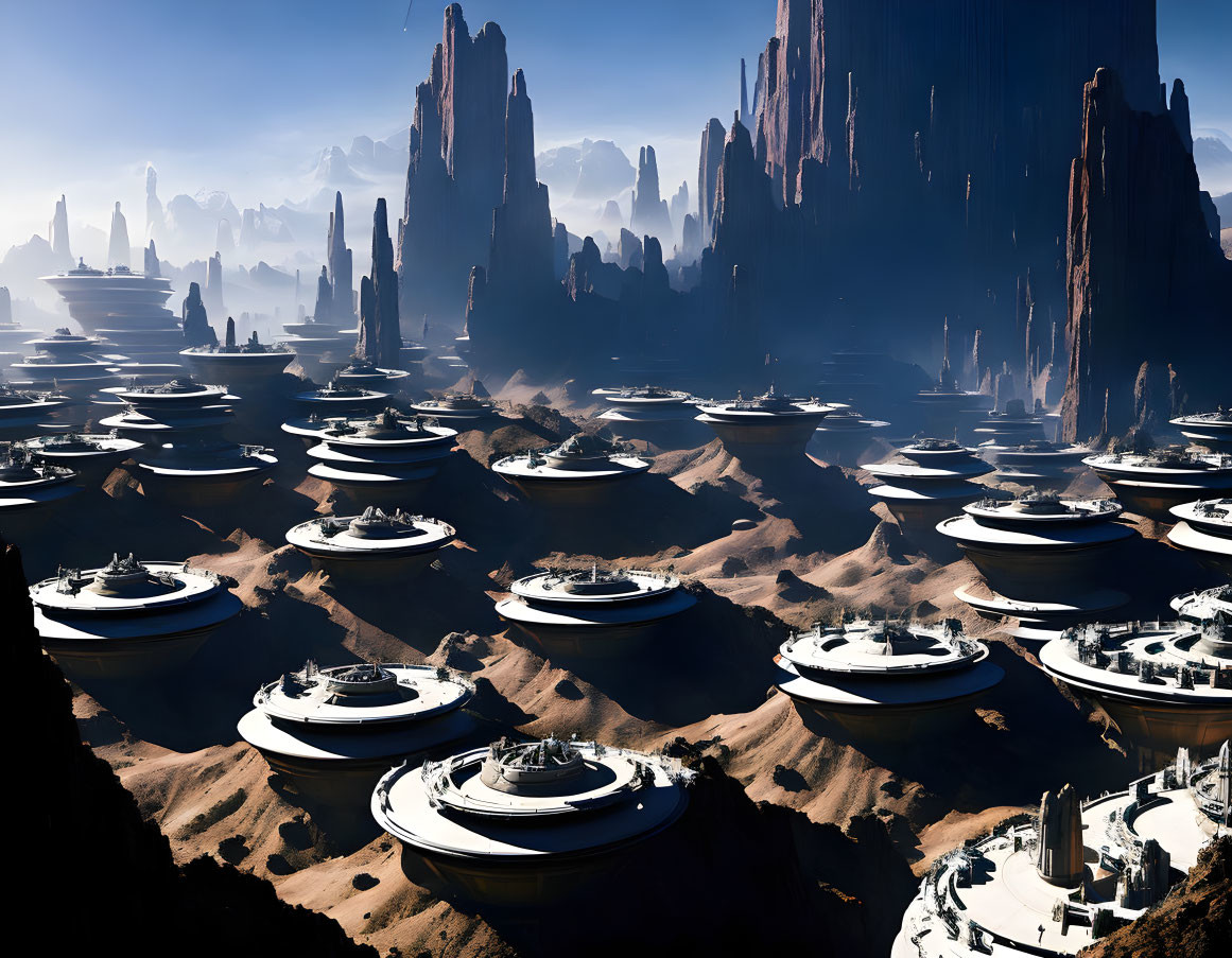 Futuristic desert landscape with flying saucer-like buildings