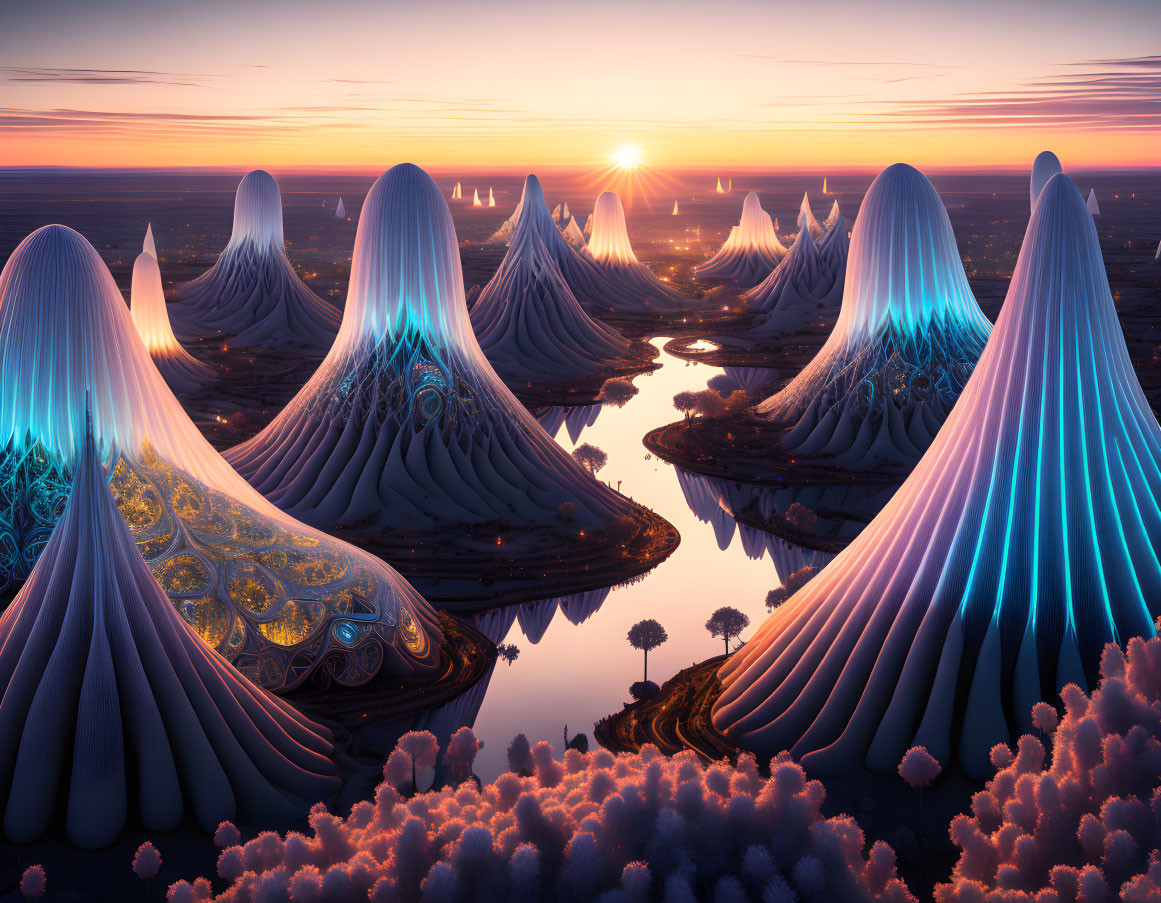 Surreal landscape with cone-shaped structures and vibrant blue energy cores