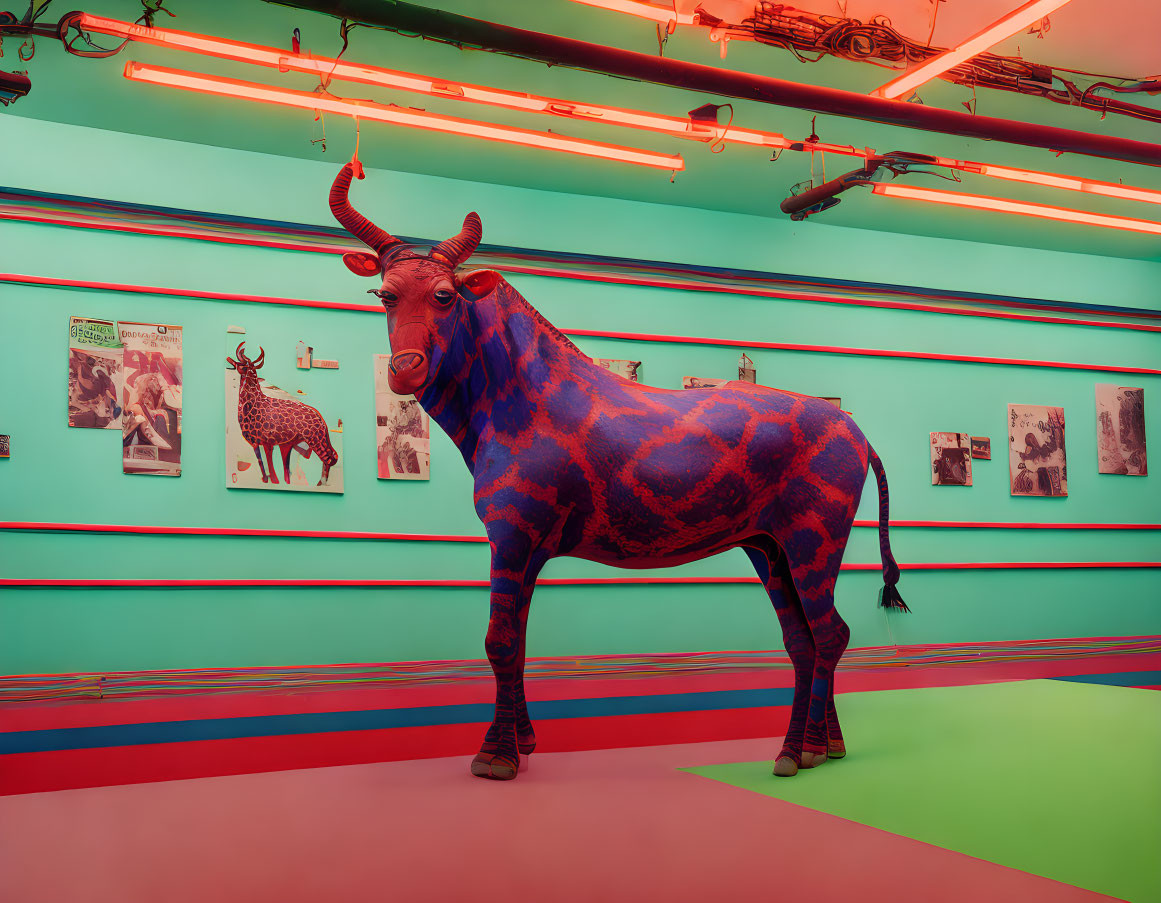 Colorful Bull Statue in Vibrant Room with Neon Lights and Wall Pictures