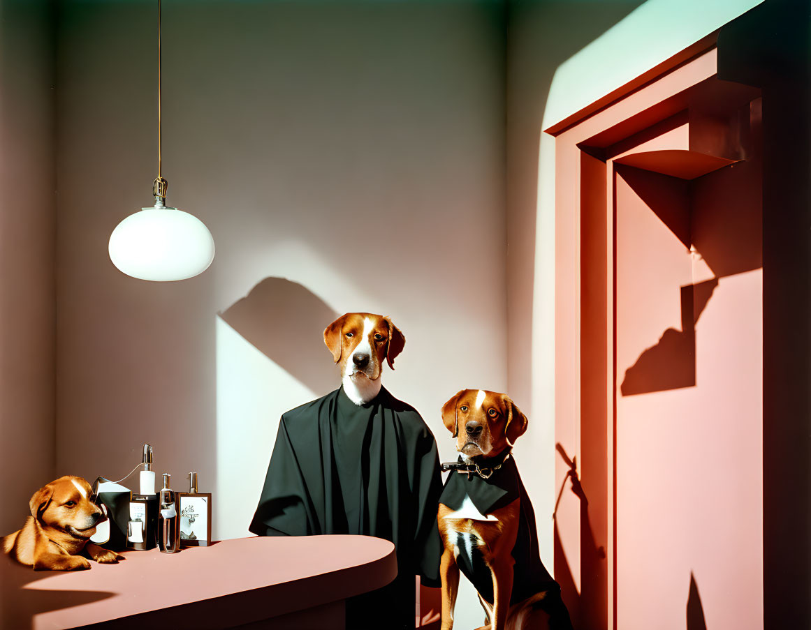 Three dogs in room with dramatic lighting; two dressed in human clothes at table, one under table,