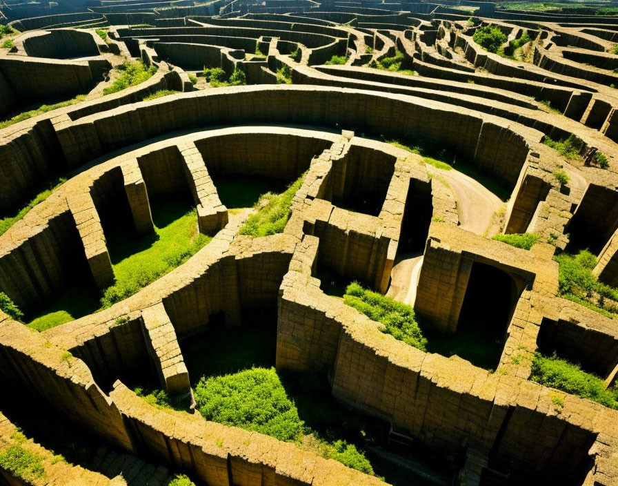 Intricate outdoor maze with tall hedges and stone walls