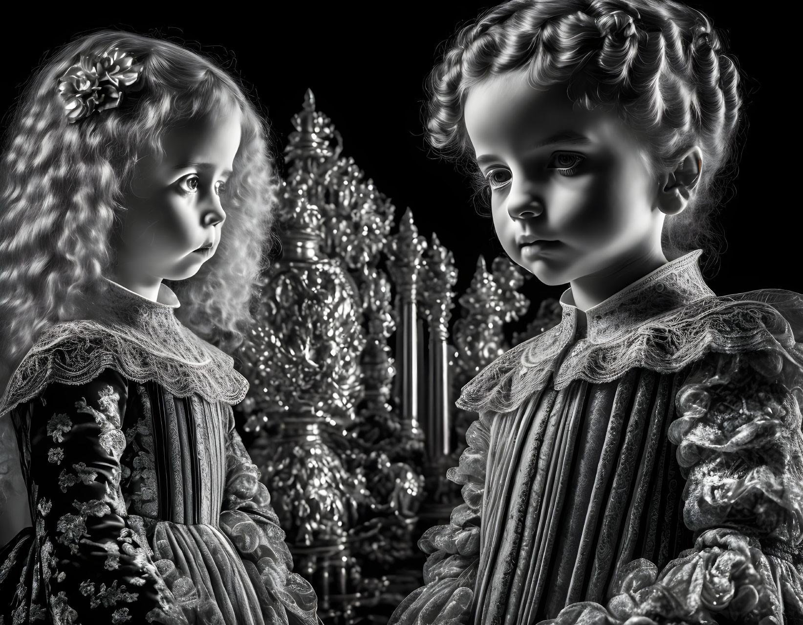 Curly-Haired Children in Vintage Clothing Against Ornate Decor in Dramatic Black and White Style