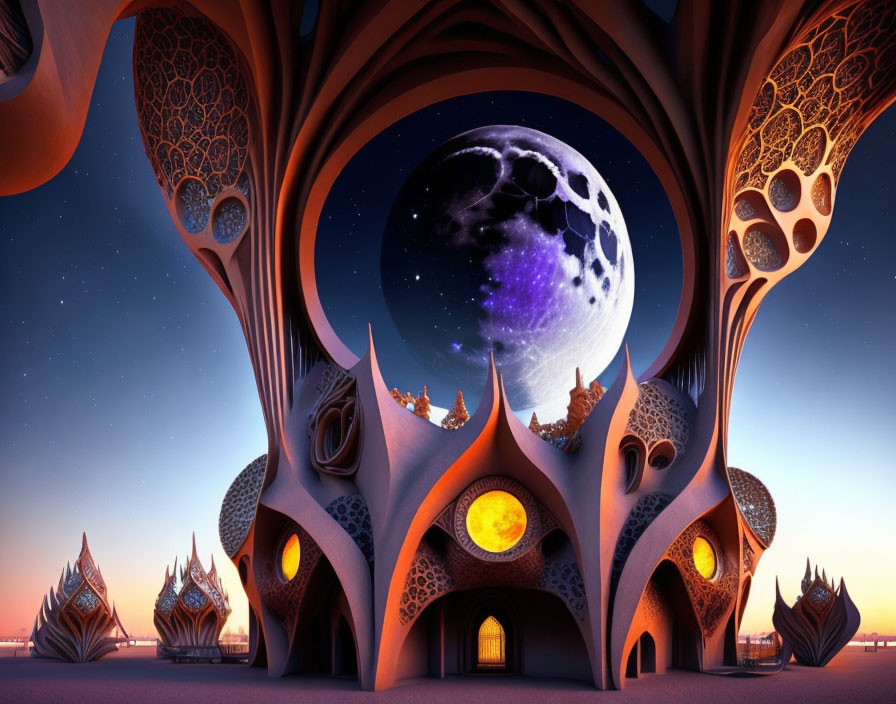 Fantasy landscape featuring ornate alien architecture and large moon.