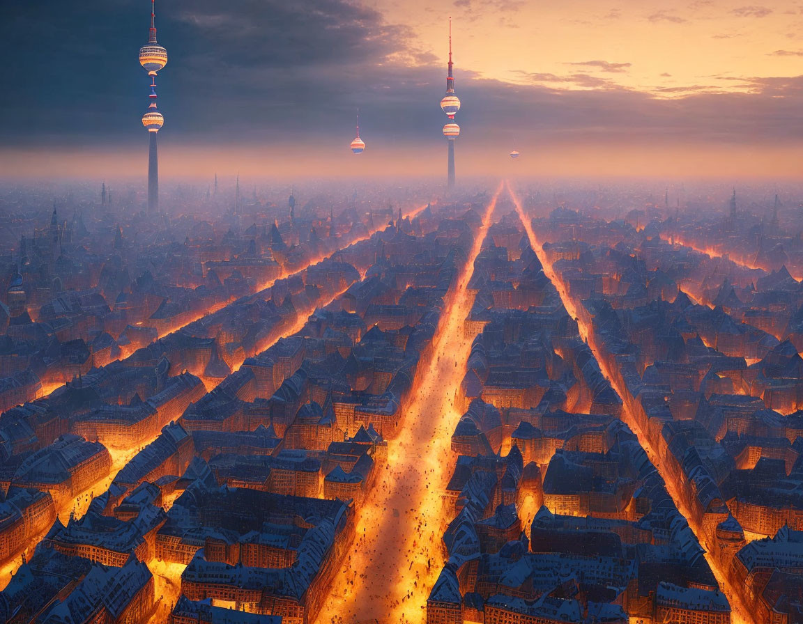 Cityscape with illuminated avenue and towers at dusk