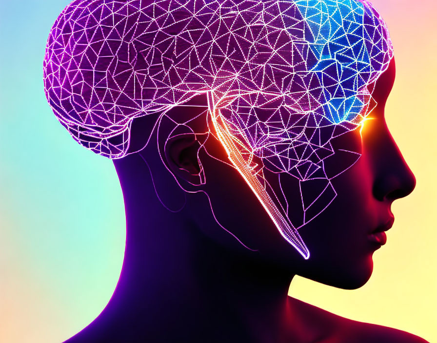 Digital Brain Silhouette in Vibrant Neon Colors