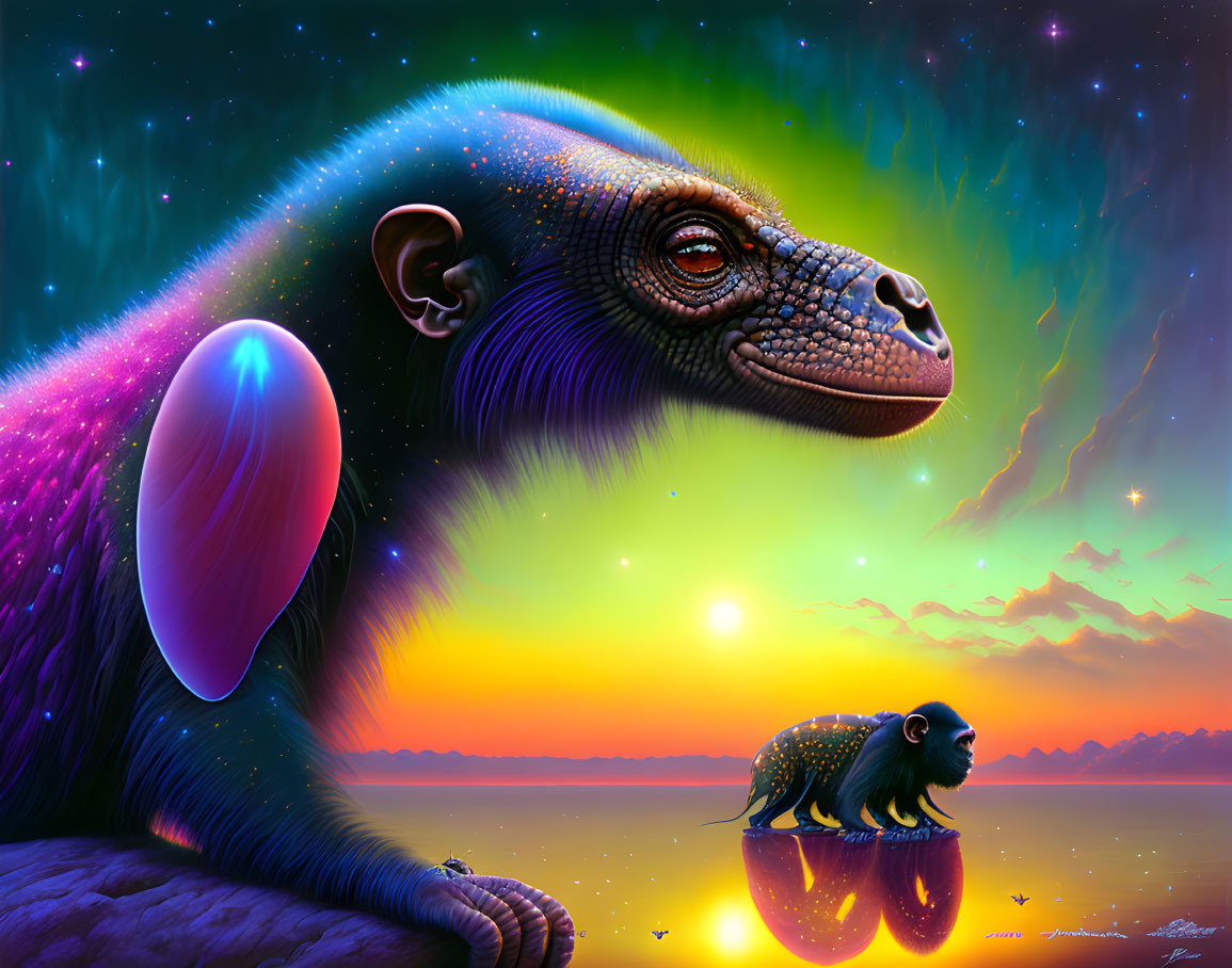 Colorful Monkeys in Starry Night Sky Digital Artwork