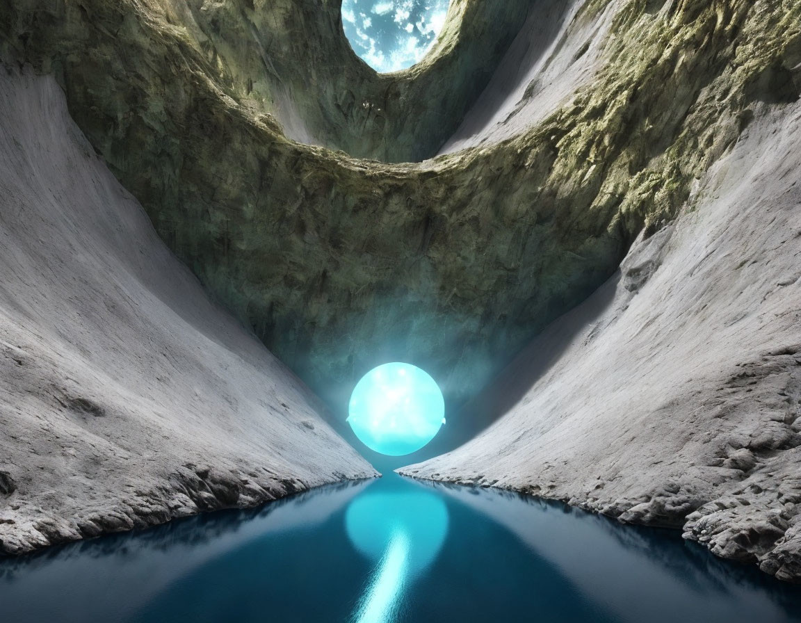 Luminous orb on water in eerie cave with steep walls