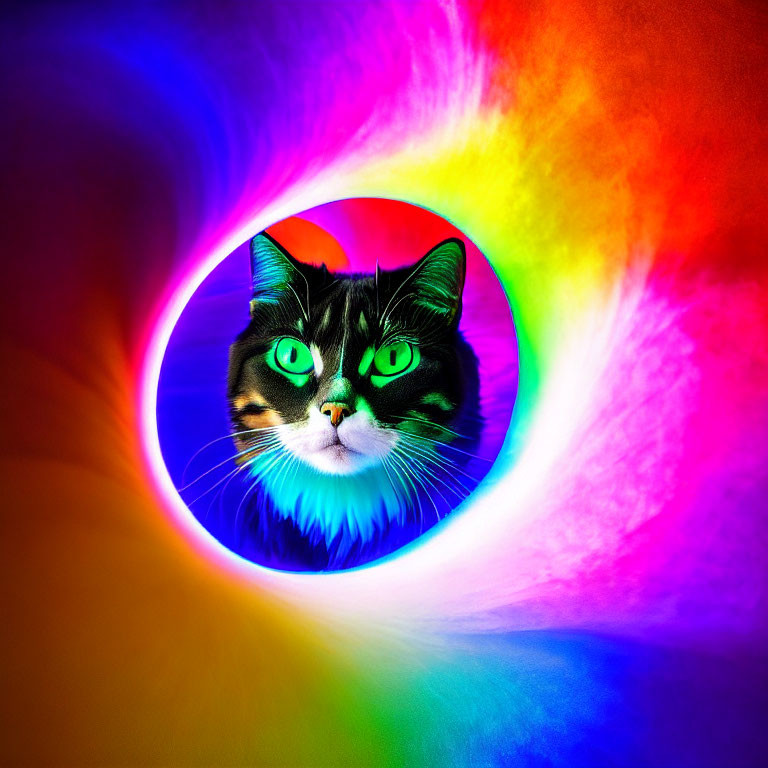 Multicolored tunnel with psychedelic glow and black and white cat's face