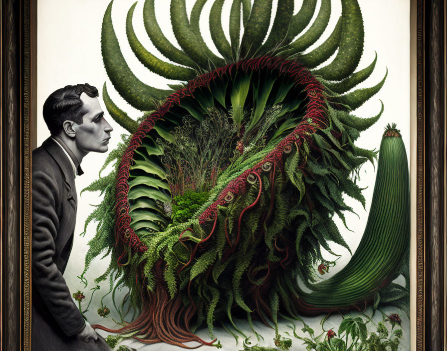 Surrealist artwork: Man in suit with giant plant bursting from torso