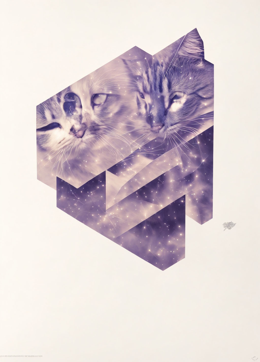 Stylized cat faces on geometric shapes with cosmic purple background