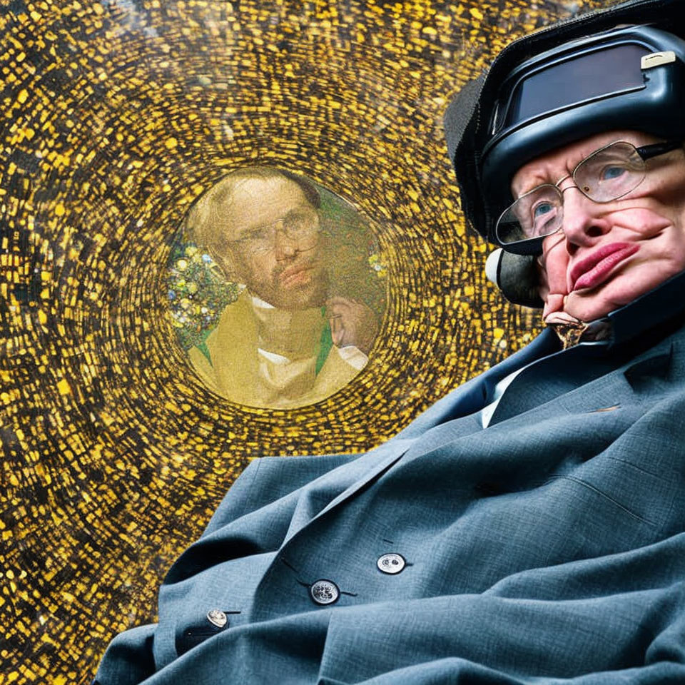 Portrait of Person in Glasses and Helmet on Golden Mosaic Background