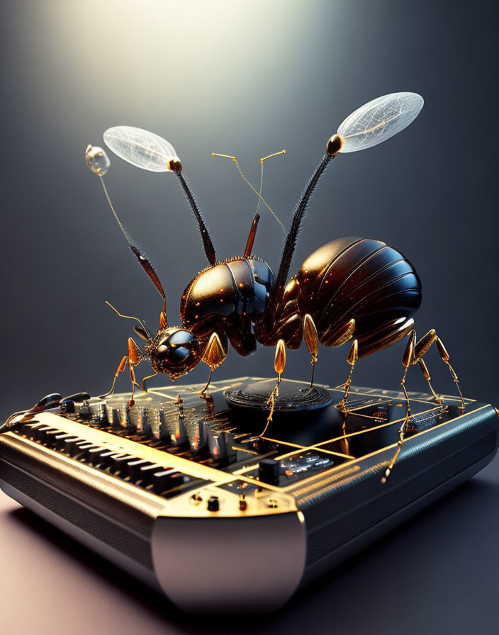 Giant shiny ant on synthesizer keyboard in digital illustration