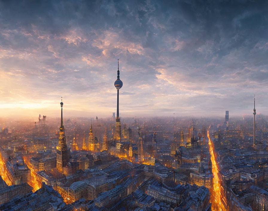 Panoramic cityscape at dusk with glowing streets and TV tower in dramatic sky