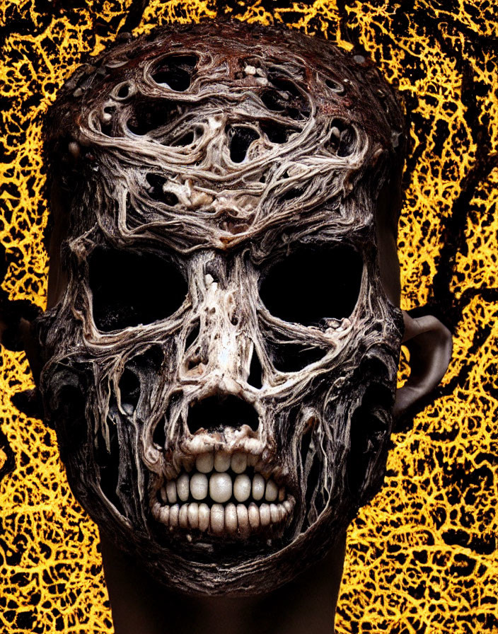 Skull-like wooden mask with intricate carvings on leopard print background