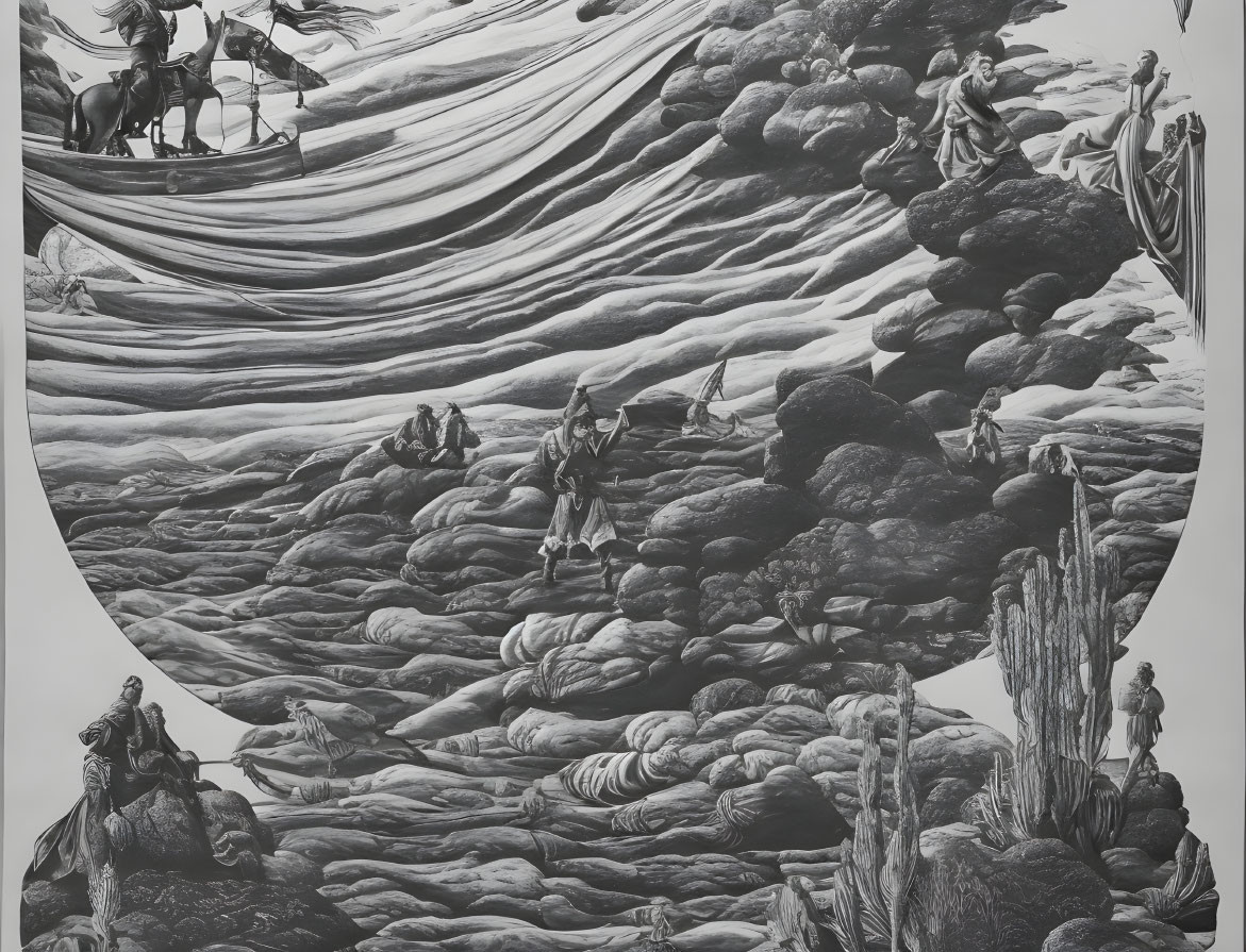 Monochrome swirling tide of human figures and horses in rocky textures