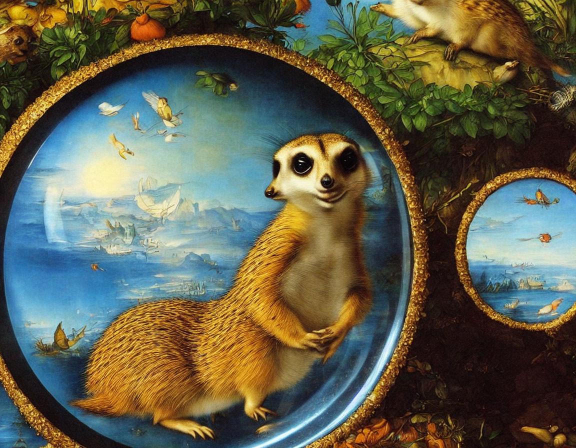 Meerkat in circular frame with surreal aquatic landscape