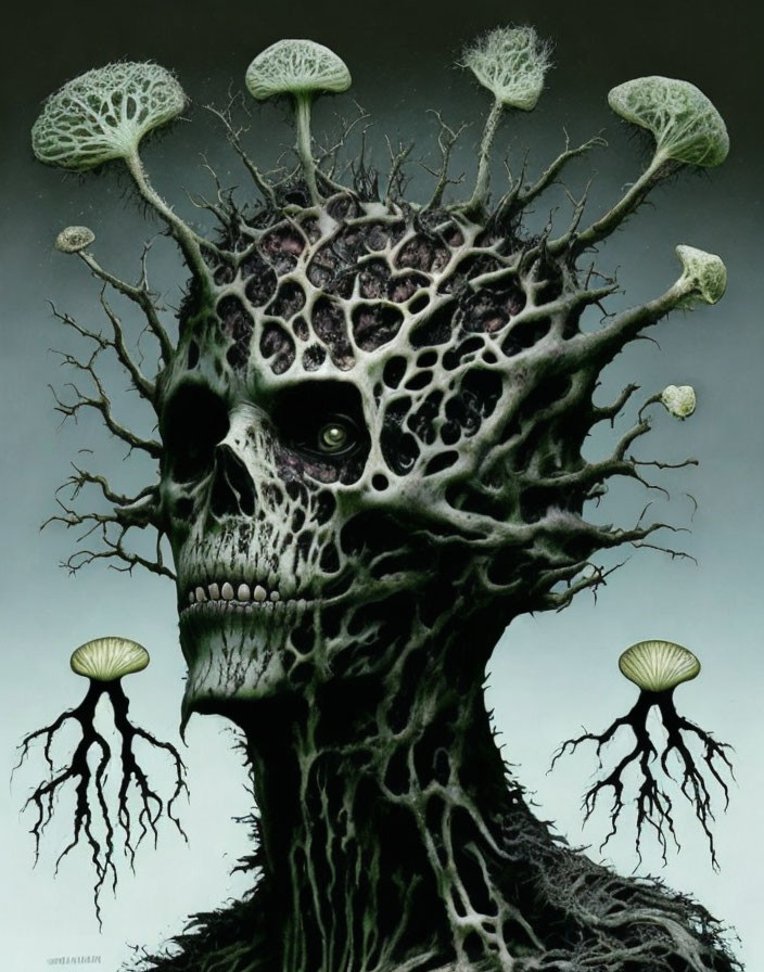 Surreal artwork: skull with tree-like structures and mushrooms